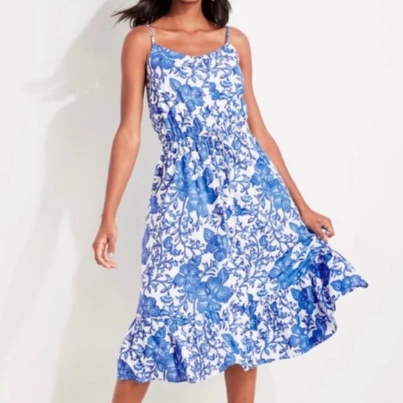 Vineyard Vines Dresses & Skirts - Vineyard Vines Tide Blue Floral Print Sleeveless Ruffle Hem Midi Dress
